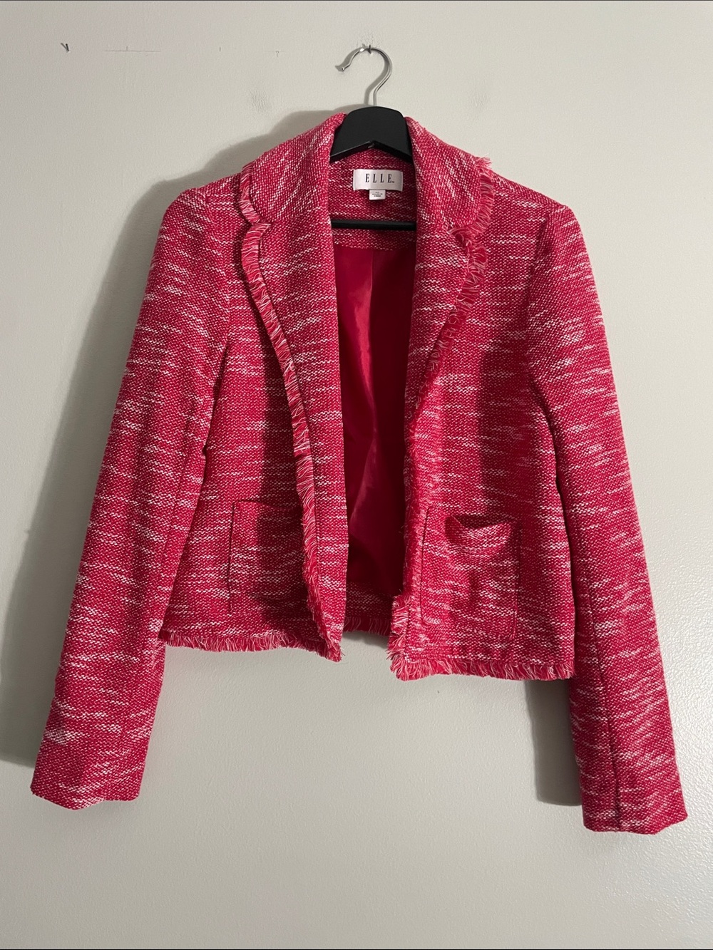 Elle Hot Pink Tweed Fringed Cropped Blazer